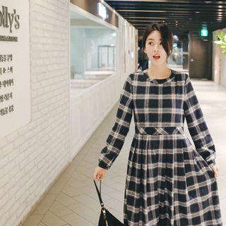 Pleated Plaid Cotton Long A-line Dress