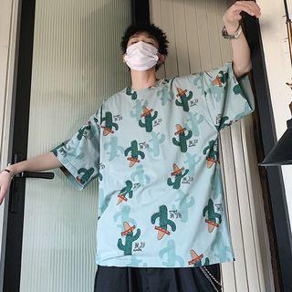 Elbow-sleeve Cactus Patterned T-shirt