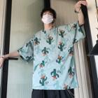 Elbow-sleeve Cactus Patterned T-shirt