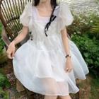Puff Short-sleeve A-line Dress / Bow Strap
