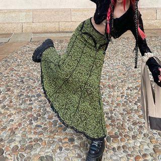 High-waist Floral Print Lace-trim Maxi Skirt