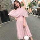 Cape-sleeve Cold Shoulder Feathered A-line Dress