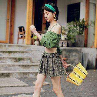 Set: Cold Shoulder Top + Plaid Swim Skirt + Bottom