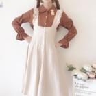 Bear Brooch Ruffled Blouse / Ruffled Strap Midi Pinafore Dress