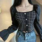 Bell-sleeve Knit Panel Cropped Top
