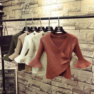 Elbow-sleeve Mock Neck Cut Out Knit Top