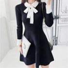 Contrast-collar Knit A-line Dress With Sash