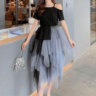 Short-sleeve Mock Two-piece Mesh Dress Black - One Size