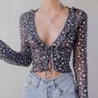 Star Printed Chiffon V Neck Front Tie Long Sleeve Top