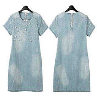 Faux-pearl Detail Short-sleeve Denim Dress