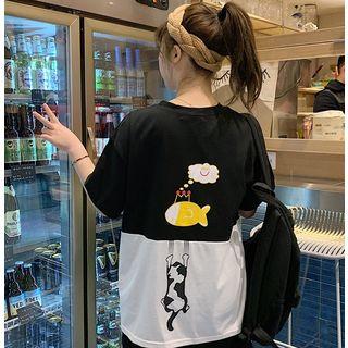 Printed Two-tone Short-sleeve T-shirt As Shown In Figure - One Size