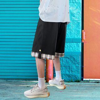 Mock Two-piece Plaid Trim Wide Leg Shorts