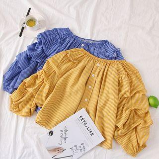 Boatneck Ruch-sleeved Striped Shirt