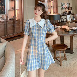 Puff Sleeve Plaid A-line Dress
