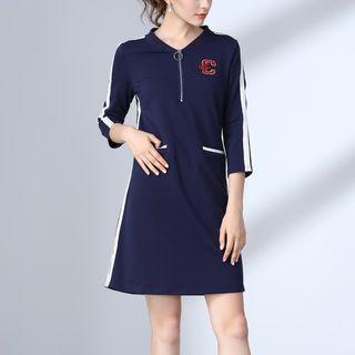 Contrast Trim 3/4-sleeve Dress