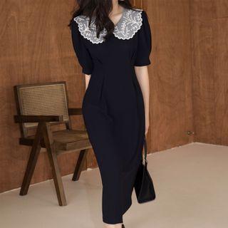 Lace Collar Short-sleeve Slit Midi Sheath Dress