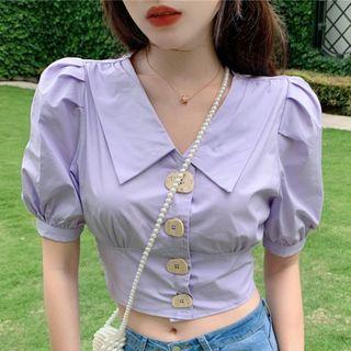 Puff-sleeve Wide-collar Cropped Shirt