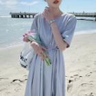 Short-sleeve Single Breasted Tie-waist Maxi Dress