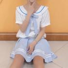 Set : Short-sleeve Sailor Collar Top + Mini Skirt