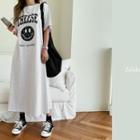 Smile Print Maxi T-shirt Dress Melange White - One Size