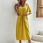 Short-sleeve Drawstring Midi Shift Dress Yellow - One Size