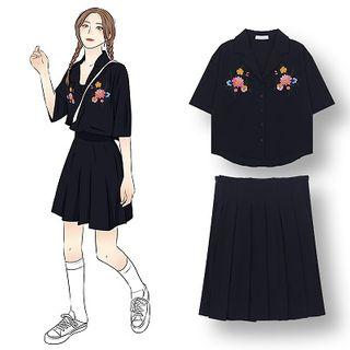 Flower Embroidered Elbow-sleeve Shirt / Pleated Mini A-line Skirt