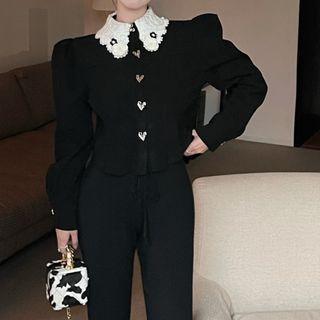 Puff-sleeve Floral Collar Blouse