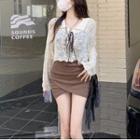 Lace-up Pointelle Knit Crop Top / Spaghetti-strap Mini Bodycon Dress