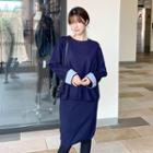 Set: Striped-panel Sweater + Knit Skirt Dark Navy Blue - One Size