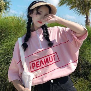 Lettering Half-zip Elbow-sleeve T-shirt