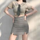 Set: Short-sleeve Cropped Shirt + Tie