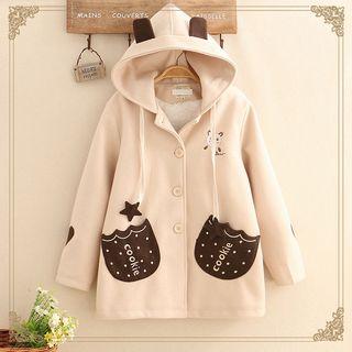 Ear-accent Hood Patched Woolen Coat