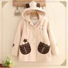 Ear-accent Hood Patched Woolen Coat