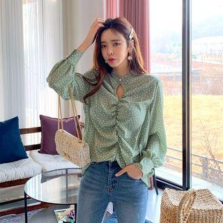 Keyhole-front Shirred Dotted Blouse