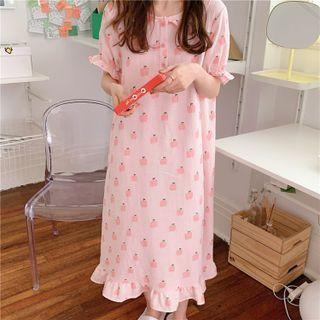 Bell-sleeve Apple Print Midi Sleep Dress