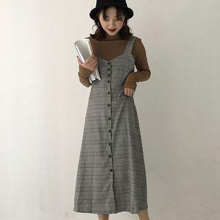 Button Down Plaid Midi Pinafore Dress