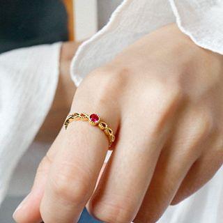 925 Sterling Silver Rhinestone Open Ring 18k - Gold - 13
