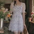 Puff-sleeve Floral Mesh Mini A-line Dress