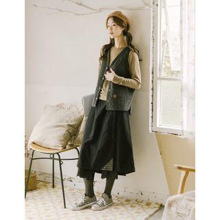 Inset Lace-hem Pants Button-trim Skirt