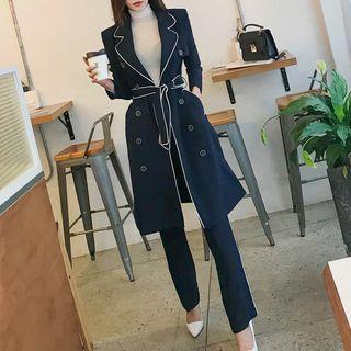 Set: Piped Double-breasted Trench Coat + Dress Pants