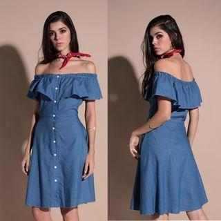 Short-sleeve Off-shoulder Button-up Mini A-line Dress