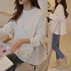 Long-sleeve Round-neck Asymmetrical Ruched Top White - One Size