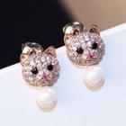 Rhinestone Cat Faux Pearl Earring 1 Pair - Rose Gold - One Size