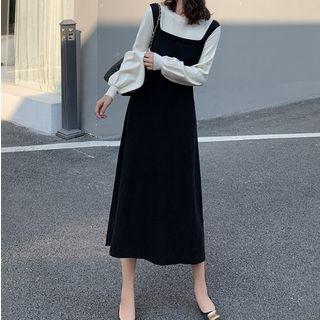 Mock Two-piece Long-sleeve A-line Midi Knit Dress As Shown In Figure - One Size