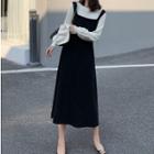 Mock Two-piece Long-sleeve A-line Midi Knit Dress As Shown In Figure - One Size