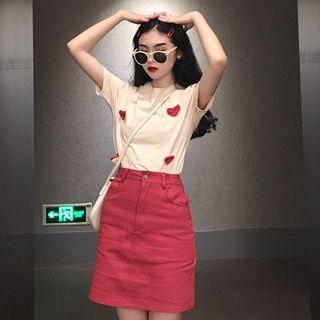 Set Of 2: Heart Short-sleeve T-shirt + Plain Skirt
