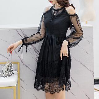 Cold-shoulder Lace Panel A-line Dress