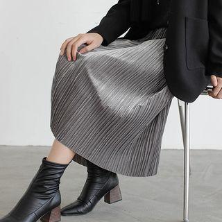Accordion Pleat Midi A-line Velvet Skirt
