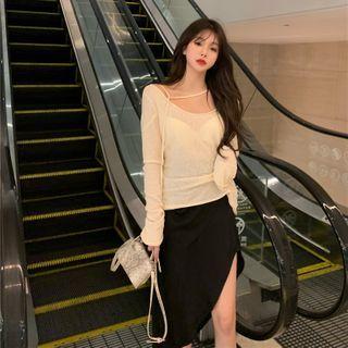 Long-sleeve Plain T-shirt / Asymmetrical Midi Skirt