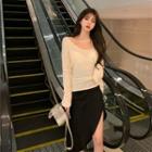 Long-sleeve Plain T-shirt / Asymmetrical Midi Skirt